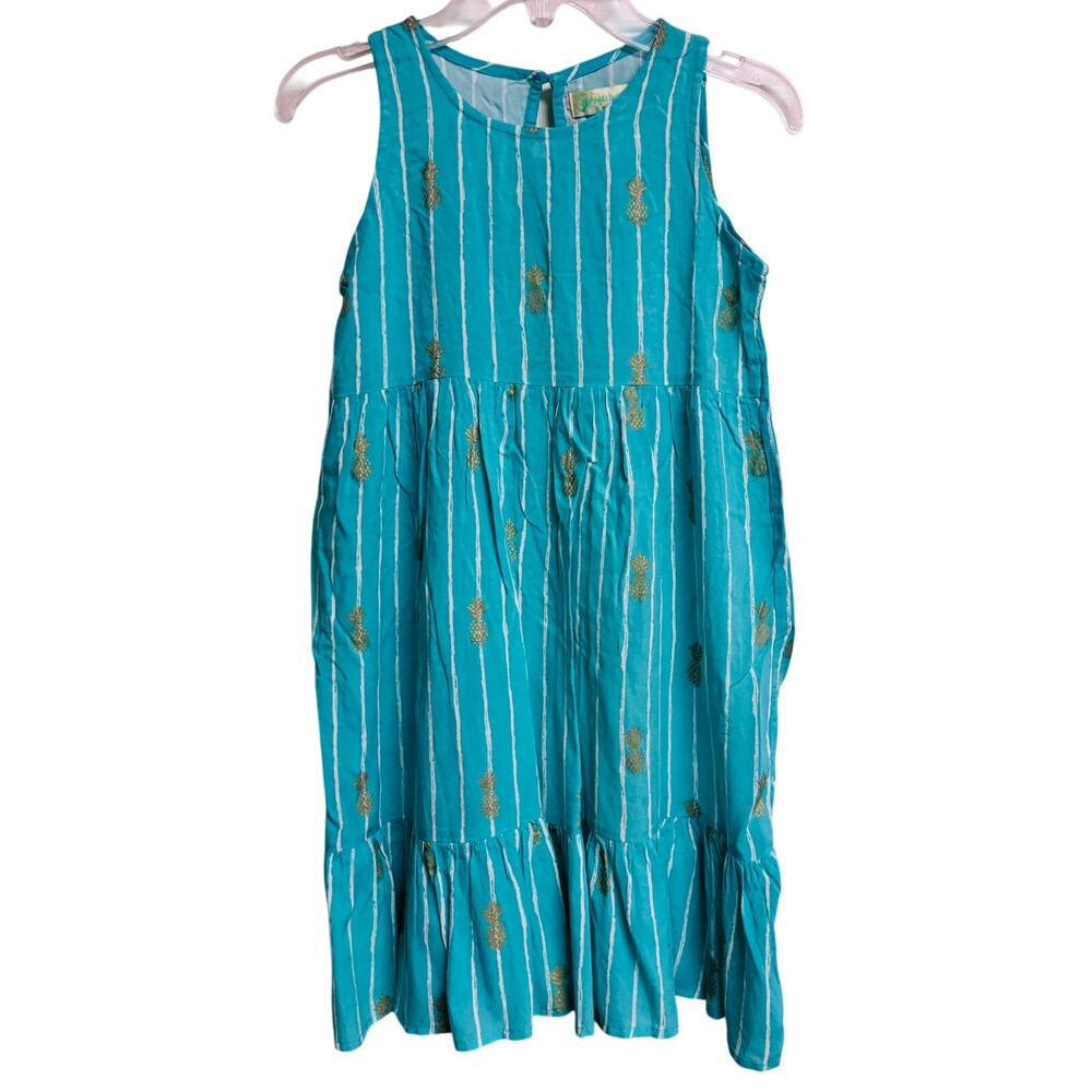 Angels by the Sea Hawaii Girls Dress Pineapple Teal Stripe Rayon Size 10 New - Picture 1 of 8